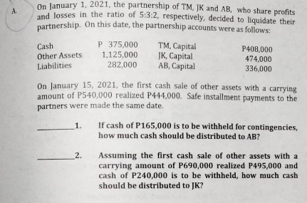 A
On January 1, 2021, the partnership of TM, JK and AB, who share profits
and losses in the ratio of 5:3:2, respectively, decided to liquidate their
partnership. On this date, the partnership accounts were as follows:
Cash
P 375,000
1,125,000
TM, Capital
JK, Capital
P408,000
474,000
Other Assets
Liabilities.
282,000
AB, Capital
336,000
On January 15, 2021, the first cash sale of other assets with a carrying
amount of P540,000 realized P444,000. Safe installment payments to the
partners were made the same date.
1.
If cash of P165,000 is to be withheld for contingencies,
how much cash should be distributed to AB?
2.
Assuming the first cash sale of other assets with a
carrying amount of P690,000 realized P495,000 and
cash of P240,000 is to be withheld, how much cash
should be distributed to JK?