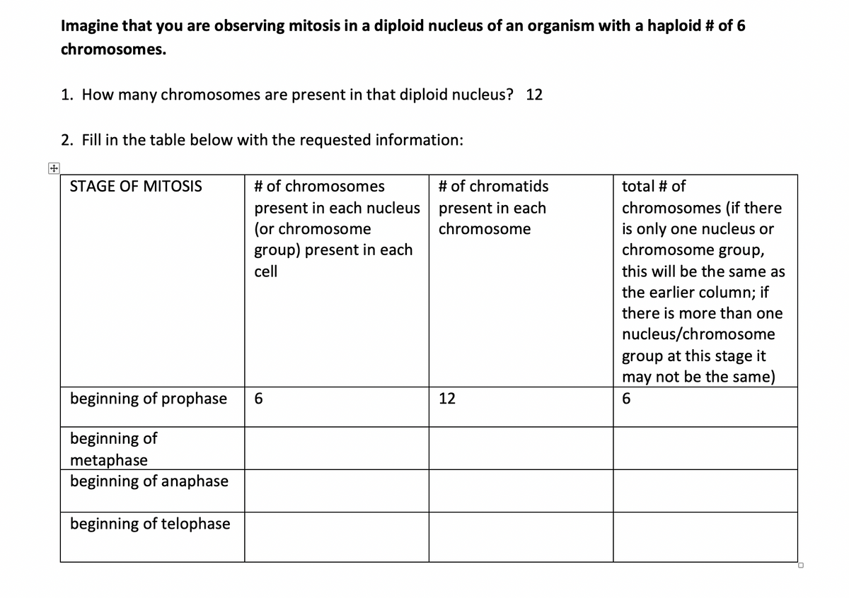 Imagine that you are observing mitosis in a diploid nucleus of an organism with a haploid # of 6
chromosomes.
1. How many chromosomes are present in that diploid nucleus? 12
2. Fill in the table below with the requested information:
中
STAGE OF MITOSIS
# of chromosomes
# of chromatids
total # of
present in each nucleus present in each
(or chromosome
group) present in each
chromosomes (if there
is only one nucleus or
chromosome group,
chromosome
cell
this will be the same as
the earlier column; if
there is more than one
nucleus/chromosome
group at this stage it
may not be the same)
beginning of prophase
6.
12
6
beginning of
metaphase
beginning of anaphase
beginning of telophase
