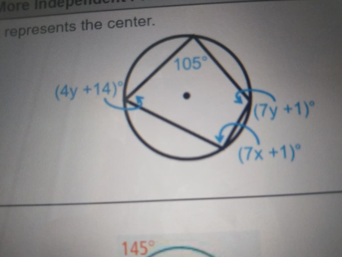 Лоre Ind
represents the center.
105
(4y +14)
(7y+1)
(7x +1)"
145
