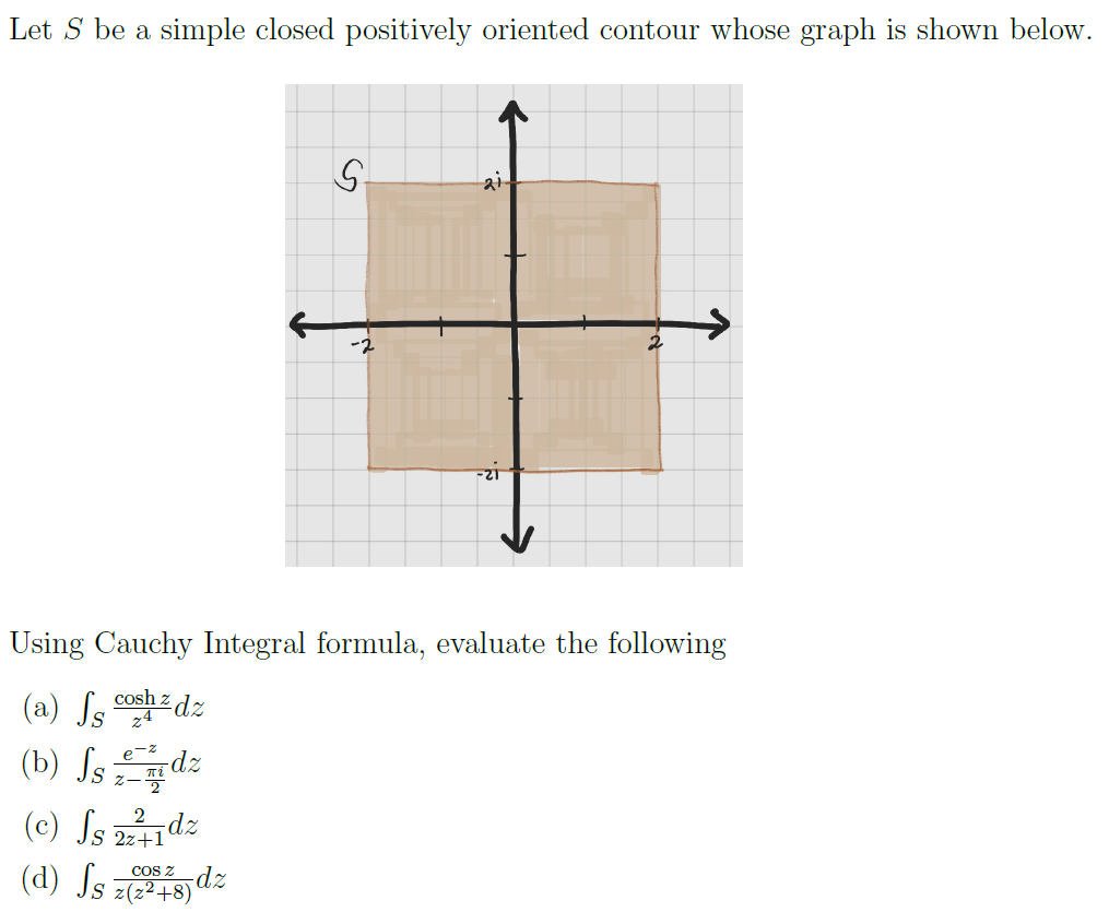 Let S be a simple closed positively oriented contour whose graph is shown below.
Using Cauchy Integral formula, evaluate the following
(a) Ss cosh z dz
(b) Js는dz
(c) Js 241dz
(d) Js z18)dz
Cos z
