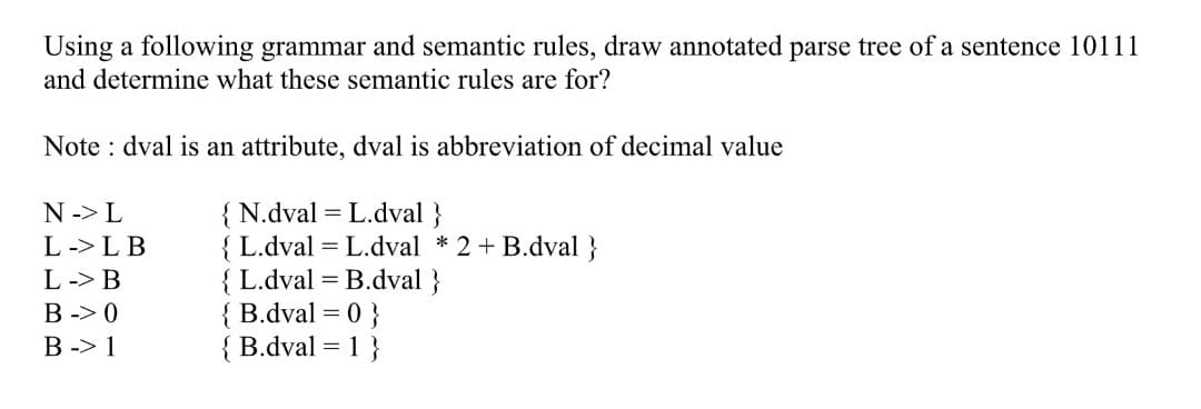 Using a following grammar and semantic rules, draw annotated parse tree of a sentence 10111
and determine what these semantic rules are for?
Note : dval is an attribute, dval is abbreviation of decimal value
{ N.dval = L.dval }
{ L.dval = L.dval * 2 + B.dval }
{ L.dval = B.dval }
{ B.dval = 0 }
{ B.dval = 1 }
N -> L
L->L B
L -> B
B -> 0
B -> 1
