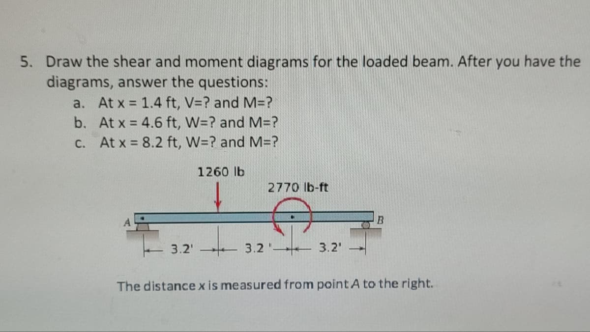 5. Draw the shear and moment diagrams for the loaded beam. After you have the
diagrams, answer the questions:
a. At x = 1.4 ft, V= ? and M=?
b.
At x = 4.6 ft, W=? and M=?
At x = 8.2 ft, W=? and M=?
c.
3.2'
1260 lb
2770 lb-ft
3.2 "
3.2'
-
B
The distance x is measured from point A to the right.