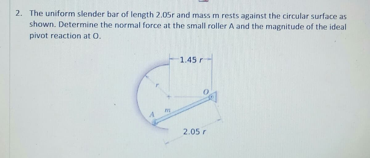 2. The uniform slender bar of length 2.05r and mass m rests against the circular surface as
shown. Determine the normal force at the small roller A and the magnitude of the ideal
pivot reaction at O.
4
1
772
1.45 r
2.05 r