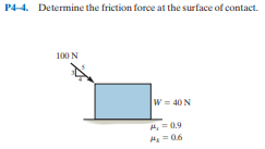 P4-4. Determine the friction force at the surface of contact.
100 N
W = 40 N
%3D
