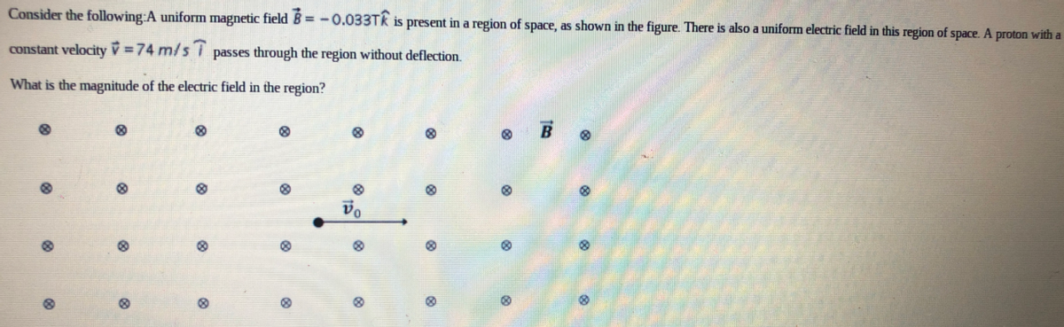 Consider the following:A uniform magnetic field B=-0.033Tk is present in a region of space, as shown in the figure. There is also a uniform electric field in this region of space. A proton with a
constant velocity V=74 m/s i passes through the region without deflection.
What is the magnitude of the electric field in the region?
