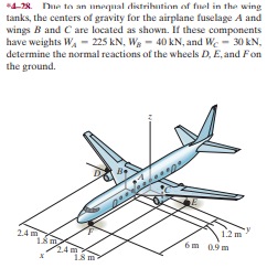 *4-28. Due to an unequal distrihation of fuel in the wing
tanks, the centers of gravity for the airplane fuselage A and
wings B and Care located as shown. If these components
have weights W - 225 kN, Wg - 40 kN, and We - 30 kN,
determine the normal reactions of the wheels D, E, and Fon
the ground.
24m
18 m
