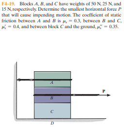 F4-19. Blocks A, B, and C have weights of 50 N, 25 N, and
15 N, respectively. Determine the smallest horizontal force P
that will cause impending motion. The coefficient of static
friction between A and B is u, = 0.3, between B and C,
4 = 0.4, and between block C and the ground, p" = 0.35.
