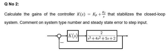 Q No 2:
Calculate the gains of the controller K(s) = Kp + that stabilizes the closed-loop
system. Comment on system type number and steady state error to step input.
K(s)
2
$3+482 +58 +2