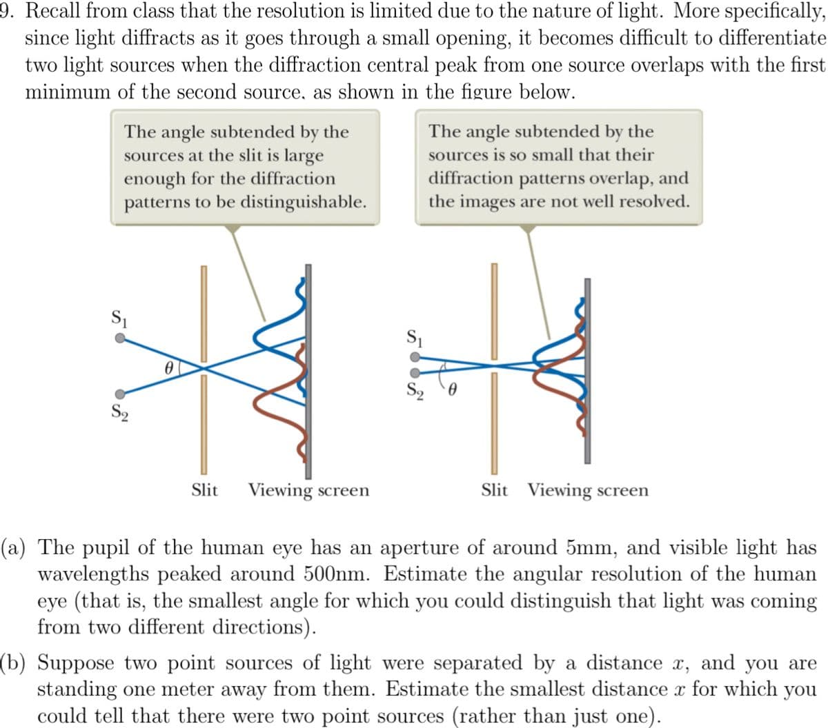 9. Recall from class that the resolution is limited due to the nature of light. More specifically,
since light diffracts as it goes through a small opening, it becomes difficult to differentiate
two light sources when the diffraction central peak from one source overlaps with the first
minimum of the second source, as shown in the figure below.
The angle subtended by the
sources at the slit is large
enough for the diffraction
patterns to be distinguishable.
S₁
4
0
S2
Slit
Viewing screen
S₁
The angle subtended by the
sources is so small that their
diffraction patterns overlap, and
the images are not well resolved.
Slit Viewing screen
(a) The pupil of the human eye has an aperture of around 5mm, and visible light has
wavelengths peaked around 500nm. Estimate the angular resolution of the human
eye (that is, the smallest angle for which you could distinguish that light was coming
from two different directions).
(b) Suppose two point sources of light were separated by a distance x, and you are
standing one meter away from them. Estimate the smallest distance x for which you
could tell that there were two point sources (rather than just one).
