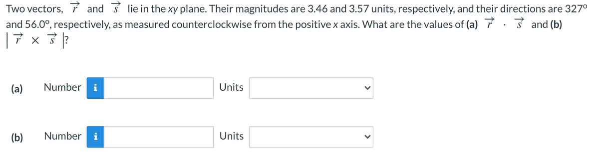 Two vectors, ŕ and s lie in the xy plane. Their magnitudes are 3.46 and 3.57 units, respectively, and their directions are 327°
and 56.0°, respectively, as measured counterclockwise from the positive x axis. What are the values of (a) ř.3 and (b)
|アxマp
(a)
Number i
Units
(b)
Number
i
Units
