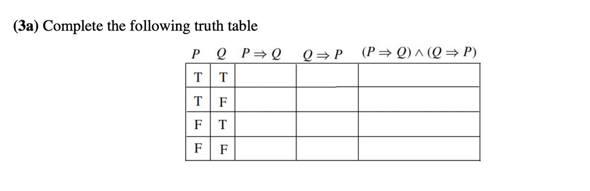 (3a) Complete the following truth table
P
Q P=Q
Q=P
(P= Q) ^ (Q = P)
T
T
T F
F T
F
F
