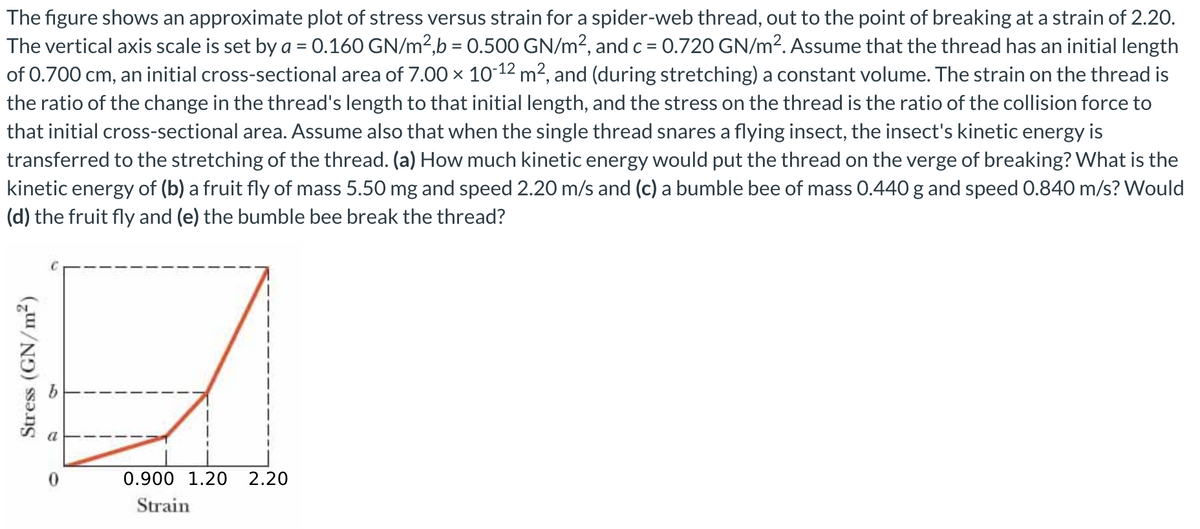 The figure shows an approximate plot of stress versus strain for a spider-web thread, out to the point of breaking at a strain of 2.20.
The vertical axis scale is set by a = 0.160 GN/m²,b = 0.500 GN/m?, and c = 0.720 GN/m². Assume that the thread has an initial length
of 0.700 cm, an initial cross-sectional area of 7.00 × 10-12 m², and (during stretching) a constant volume. The strain on the thread is
the ratio of the change in the thread's length to that initial length, and the stress on the thread is the ratio of the collision force to
that initial cross-sectional area. Assume also that when the single thread snares a flying insect, the insect's kinetic energy is
transferred to the stretching of the thread. (a) How much kinetic energy would put the thread on the verge of breaking? What is the
kinetic energy of (b) a fruit fly of mass 5.50 mg and speed 2.20 m/s and (c) a bumble bee of mass 0.440 g and speed 0.840 m/s? Would
(d) the fruit fly and (e) the bumble bee break the thread?
0.900 1.20 2.20
Strain
Stress (GN/m2)

