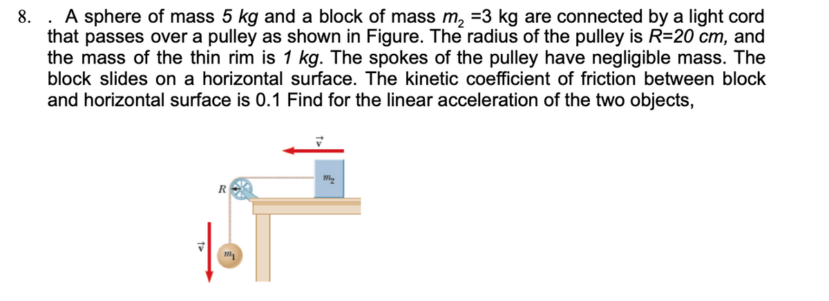 A sphere of mass 5 kg and a block of mass m, =3 kg are connected by a light cord
that passes over a pulley as shown in Figure. The radius of the pulley is R=20 cm, and
the mass of the thin rim is 1 kg. The spokes of the pulley have negligible mass. The
block slides on a horizontal surface. The kinetic coefficient of friction between block
and horizontal surface is 0.1 Find for the linear acceleration of the two objects,
8.
R
