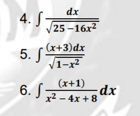dx
4. S
(25-16х2
5. &+3)dx
|1-x²
(x+1)
6. S
dx
x2 – 4x + 8

