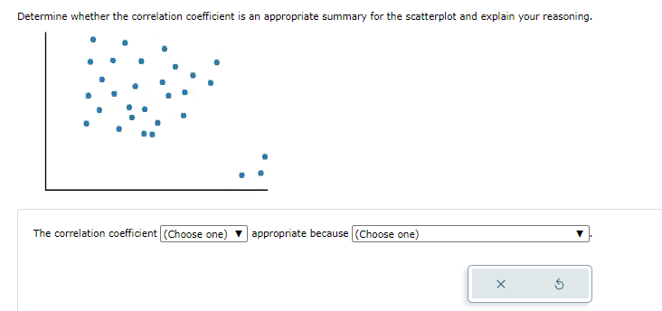 Determine whether the correlation coefficient is an appropriate summary for the scatterplot and explain your reasoning.
The correlation coefficient (Choose one)
appropriate because (Choose one)
X
G