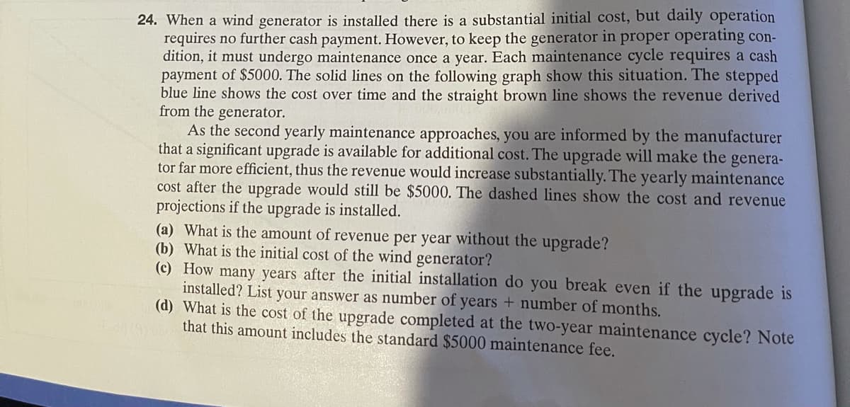 24. When a wind generator is installed there is a substantial initial cost, but daily operation
requires no further cash payment. However, to keep the generator in proper operating con-
dition, it must undergo maintenance once a year. Each maintenance cycle requires a cash
payment of $5000. The solid lines on the following graph show this situation. The stepped
blue line shows the cost over time and the straight brown line shows the revenue derived
from the generator.
As the second yearly maintenance approaches, you are informed by the manufacturer
that a significant upgrade is available for additional cost. The upgrade will make the genera-
tor far more efficient, thus the revenue would increase substantially. The yearly maintenance
cost after the upgrade would still be $5000. The dashed lines show the cost and revenue
projections if the upgrade is installed.
(a) What is the amount of revenue per year without the upgrade?
(b) What is the initial cost of the wind generator?
(c) How many years after the initial installation do you break even if the upgrade is
installed? List your answer as number of years + number of months.
(d) What is the cost of the upgrade completed at the two-year maintenance cycle? Note
that this amount includes the standard $5000 maintenance fee.
