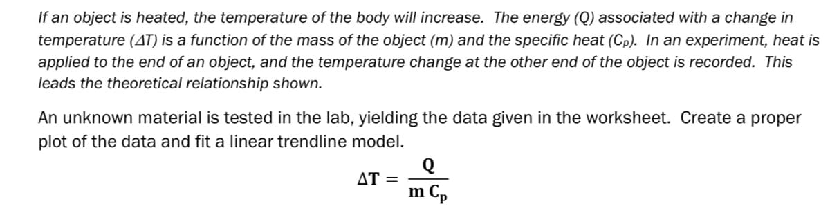 If an object is heated, the temperature of the body will increase. The energy (Q) associated with a change in
temperature (AT) is a function of the mass of the object (m) and the specific heat (Cp). In an experiment, heat is
applied to the end of an object, and the temperature change at the other end of the object is recorded. This
leads the theoretical relationship shown.
An unknown material is tested in the lab, yielding the data given in the worksheet. Create a proper
plot of the data and fit a linear trendline model.
Q
AT =
m C,
