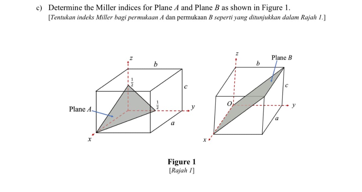 c) Determine the Miller indices for Plane A and Plane B as shown in Figure 1.
[Tentukan indeks Miller bagi permukaan A dan permukaan B seperti yang ditunjukkan dalam Rajah 1.]
Plane B
b
y
Plane A-
a
Figure 1
[Rajah 1]
