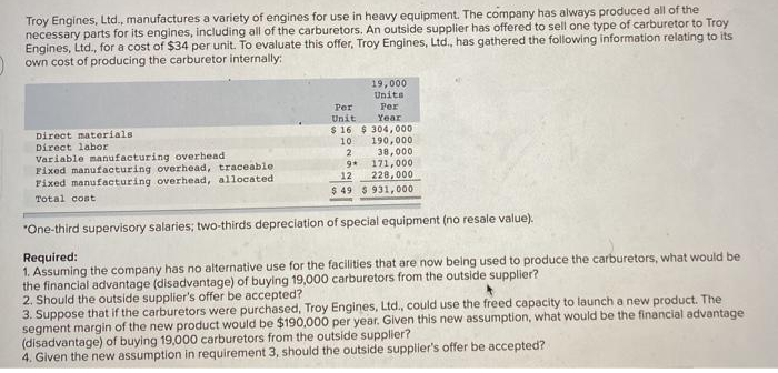 Troy Engines, Ltd., manufactures a variety of engines for use in heavy equipment. The company has always produced all of the
necessary parts for its engines, including all of the carburetors. An outside supplier has offered to sell one type of carburetor to Troy
Engines, Ltd., for a cost of $34 per unit. To evaluate this offer, Troy Engines, Ltd., has gathered the following information relating to its
own cost of producing the carburetor internally:
19,000
Units
Per
Unit
Per
Year
৪16 304, 000
Direct materials
Direct labor
10
190,000
Variable manufacturing overhead
Fixed manufacturing overhead, traceable
Fixed manufacturing overhead, allocated
38,000
171,000
228,000
2
12
Total cont
$ 49 ও 931, 000
"One-third supervisory salaries; two-thirds depreciation of special equipment (no resale value).
Required:
1. Assuming the company has no alternative use for the facilities that are now being used to produce the carburetors, what would be
the financial advantage (disadvantage) of buying 19,000 carburetors from the outside supplier?
2. Should the outside supplier's offer be accepted?
3. Suppose that if the carburetors were purchased, Troy Engines, Ltd., could use the freed capacity to launch a new product. The
segment margin of the new product would be $190,000 per year. Given this new assumption, what would be the financial advantage
(disadvantage) of buying 19,000 carburetors from the outside supplier?
4. Given the new assumption in requirement 3, should the outside supplier's offer be accepted?
