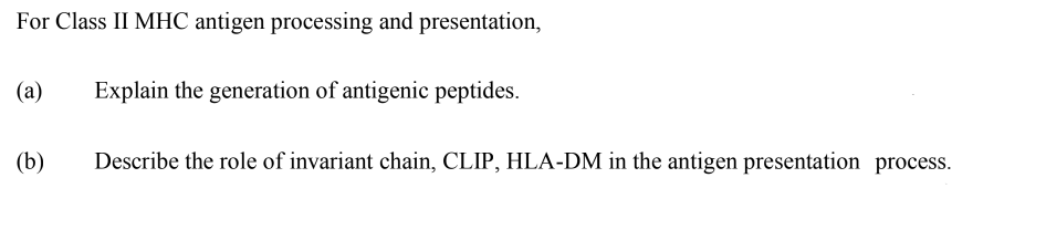 For Class II MHC antigen processing and presentation,
(a)
Explain the generation of antigenic peptides.
(b)
Describe the role of invariant chain, CLIP, HLA-DM in the antigen presentation process.
