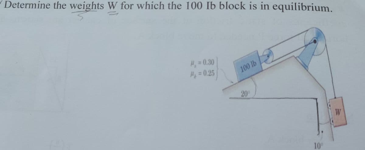 Determine the weights W for which the 100 Ib block is in equilibrium.
H=0.30
H=0.25
100 lb
20
W
10
