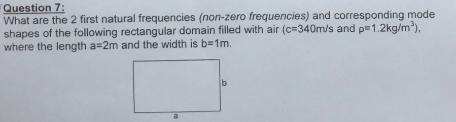 Question 7:
What are the 2 first natural frequencies (non-zero frequencies) and corresponding mode
shapes of the following rectangular domain filled with air (c=340m/s and p=1.2kg/m³),
where the length a=2m and the width is b=1m.
a
