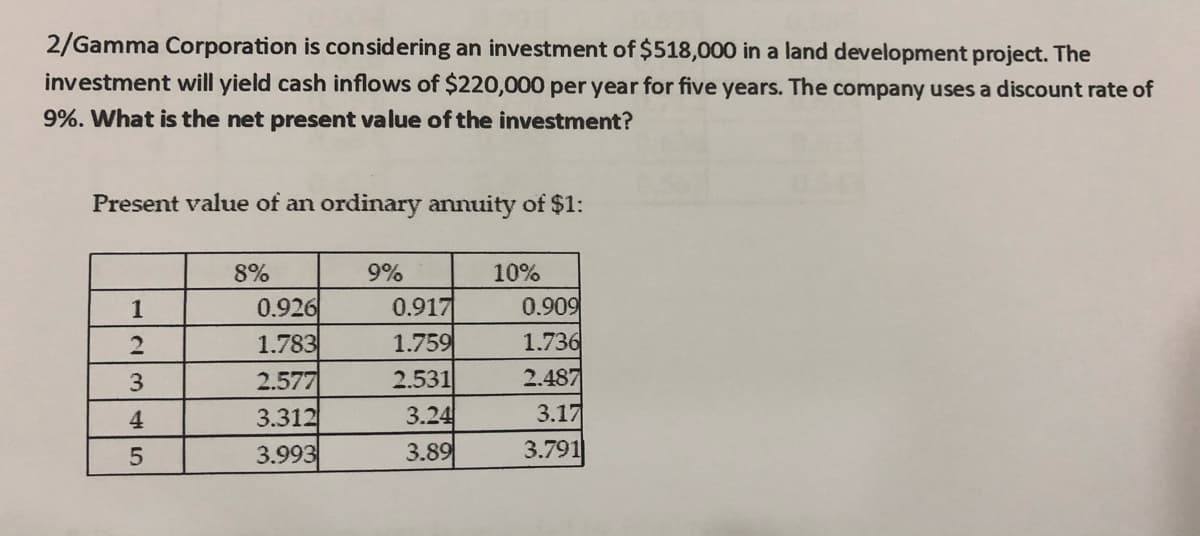 2/Gamma Corporation is considering an investment of $518,000 in a land development project. The
investment will yield cash inflows of $220,000 per year for five years. The company uses a discount rate of
9%. What is the net present value of the investment?
Present value of an ordinary annuity of $1:
8%
9%
10%
0.909
0.926
1.783
1
0.917
1.759
1.736
2.577
3.312
3.993
3
2.531
2.487
4
3.24
3.17
3.89
3.791
