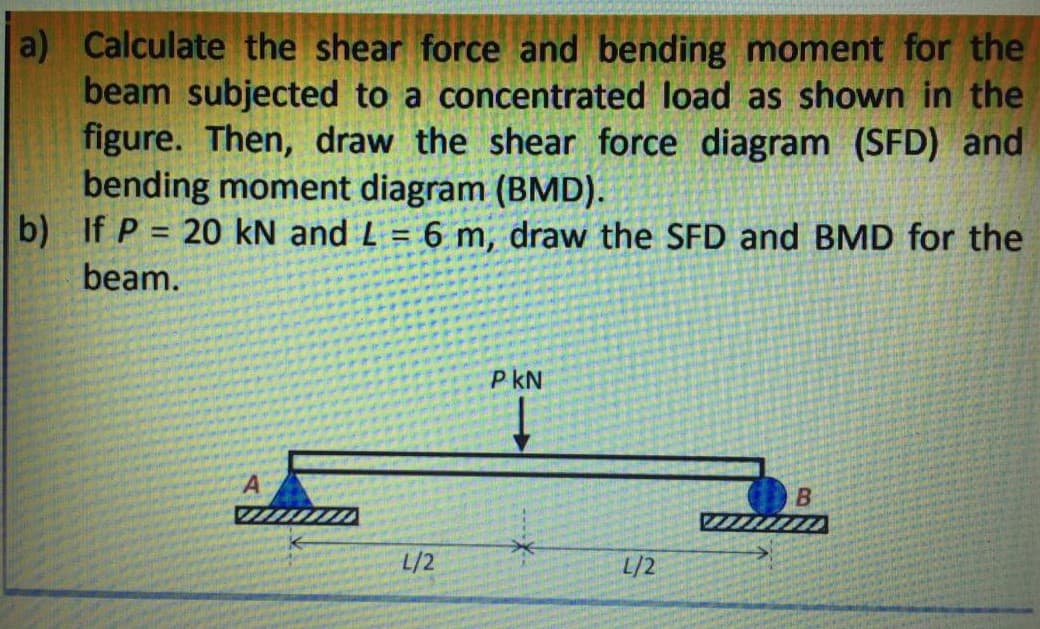 a) Calculate the shear force and bending moment for the
beam subjected to a concentrated load as shown in the
figure. Then, draw the shear force diagram (SFD) and
bending moment diagram (BMD).
b) If P = 20 kN and L = 6 m, draw the SFD and BMD for the
beam.
P kN
L/2
L/2
