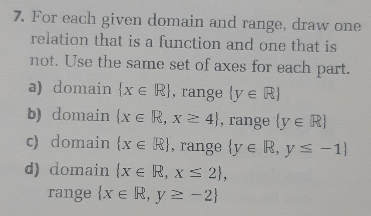 7. For each given domain and range, draw one
relation that is a function and one that is
not. Use the same set of axes for each part.
a) domain (x e R}, range {y e R}
b) domain {x e R, x > 4}, range {y e R}
c) domain {x e R}, range {y e R, y s -1}
d) domain {x e R, x < 2},
range {x e R, y 2 -2}
