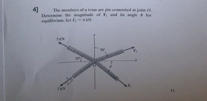 4]
The members of a truss are pin connected at joint O.
Determine the magnitude of F, and its angle 0 for
equilibrium. Set F = 6 kN.
5 kN
70
30
7 kN
11
