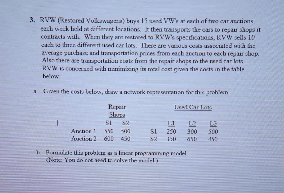 3. RVW (Restored Volkswagens) buys 15 used VW's at each of two car auctions
each week held at different locations. It then transports the cars to repair shops it
contracts with. When they are restored to RVW's specifications, RVW sells 10
each to three different used car lots. There are various costs associated with the
average purchase and transportation prices from each auction to each repair shop.
Also there are transportation costs from the repair shops to the used car lots.
RVW is concerned with minimizing its total cost given the costs in the table
below.
Given the costs below, draw a network representation for this problem.
a.
Repair
Shops
Used Car Lots
S1
S2
L1
L2
L3
Auction 1
550
500
S1
250
300
500
Auction 2
600
450
S2
350
650
450
b. Formulate this problem as a linear programming model. |
(Note: You do not need to solve the model.)
