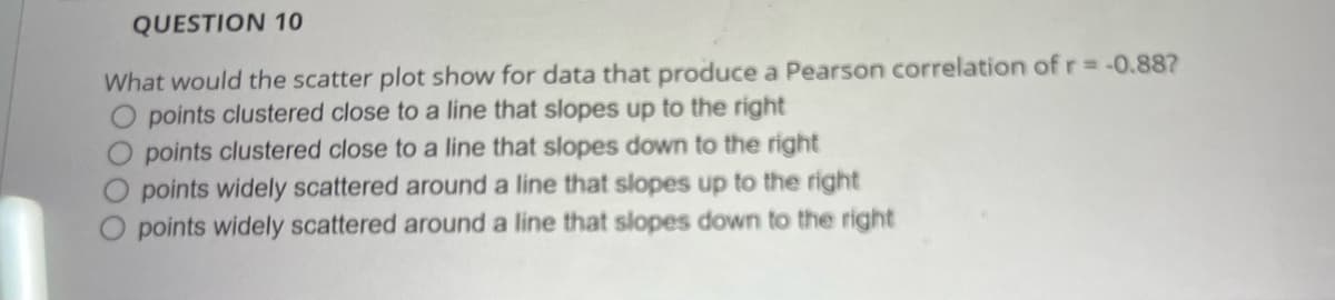 QUESTION 10
What would the scatter plot show for data that produce a Pearson correlation of r = -0.887
points clustered close to a line that slopes up to the right
O points clustered close to a line that slopes down to the right
O points widely scattered around a line that slopes up to the right
O points widely scattered around a line that slopes down to the right