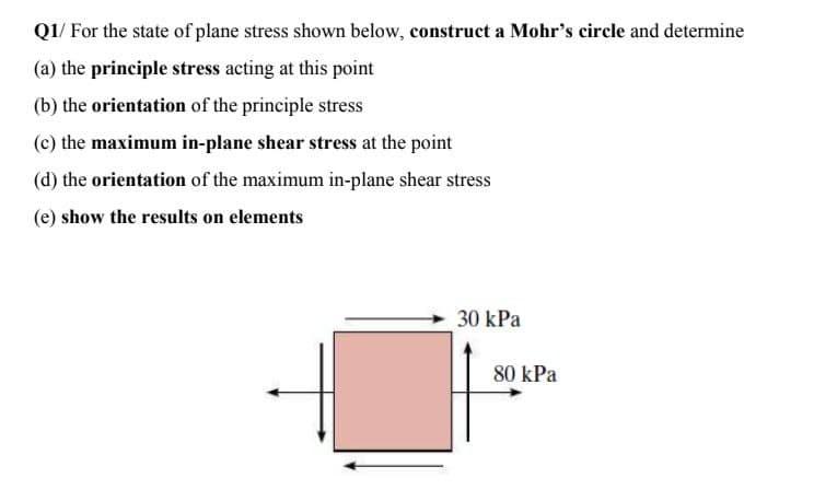 QI/ For the state of plane stress shown below, construct a Mohr's circle and determine
(a) the principle stress acting at this point
(b) the orientation of the principle stress
(c) the maximum in-plane shear stress at the point
(d) the orientation of the maximum in-plane shear stress
(e) show the results on elements
30 kPa
80 kPa
