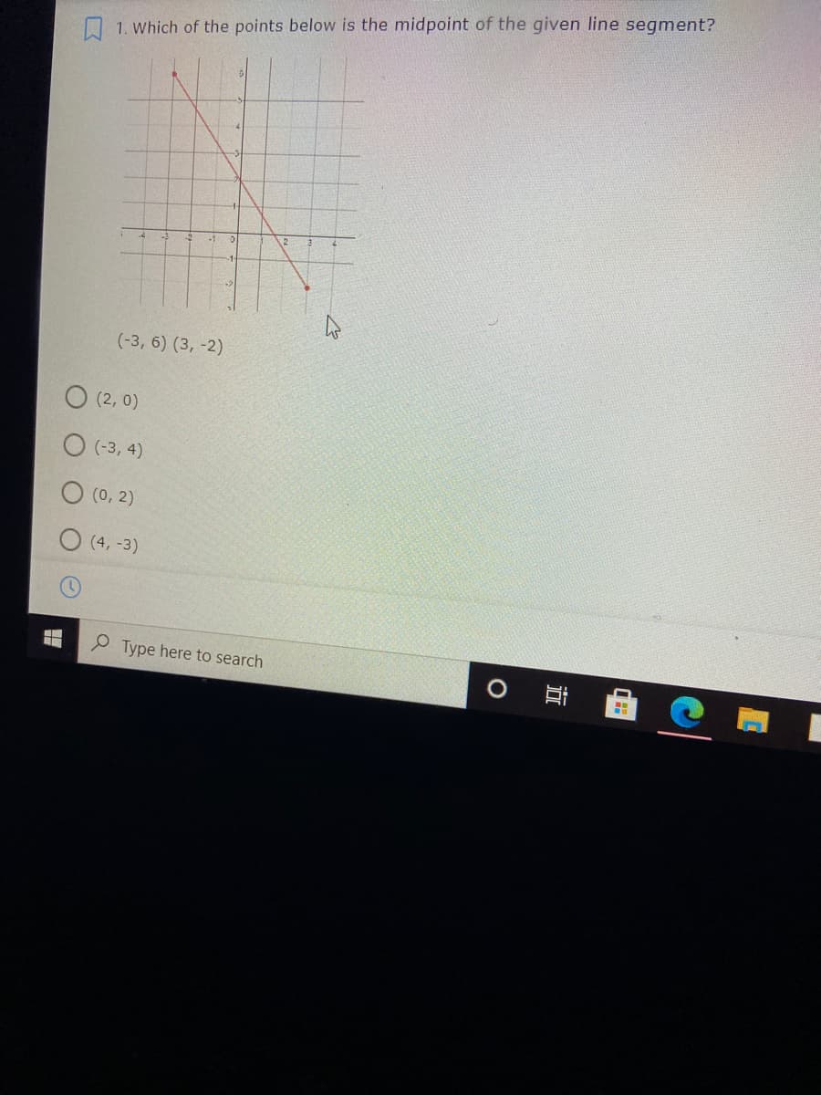 1. Which of the points below is the midpoint of the given line segment?
(-3, 6) (3, -2)
O (2, 0)
(-3, 4)
(0, 2)
(4, -3)
O Type here to search
