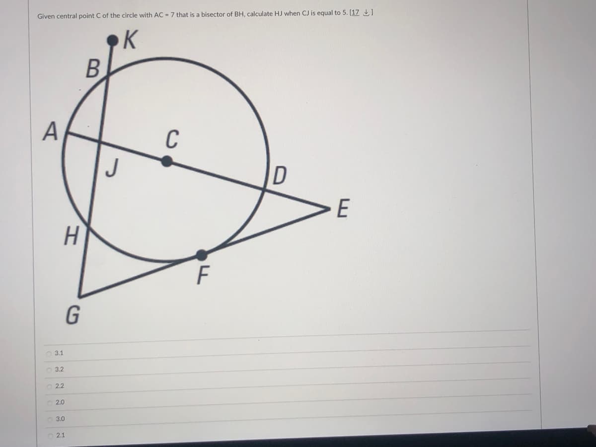 Given central point C of the circle with AC = 7 that is a bisector
BH, calculate HJ when CJ is equal to 5. [17 1
K
A
C
E
F
3.1
O 3.2
O 2.2
2.0
3.0
2.1
