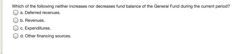 Which of the following neither increases nor decreases fund balance of the General Fund during the current period?
a. Deferred revenues.
b. Revenues.
c. Expenditures.
d. Other financing sour
ources.
