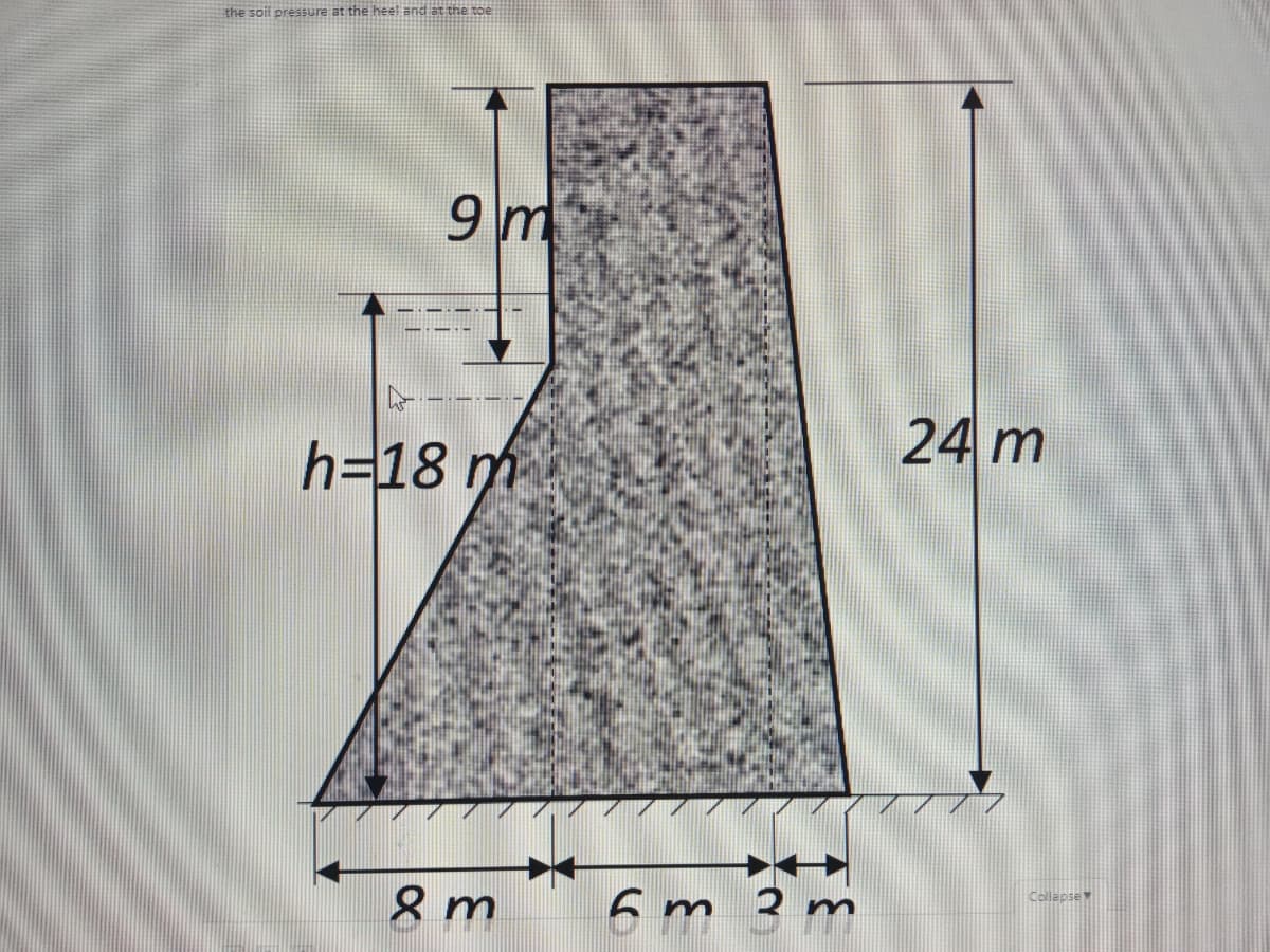 the soil pressure at the heel and at the toe
9 m
h=18 m
24 m
8 m
6 m 2 m
Collepse
