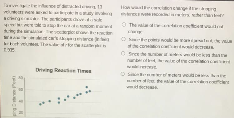 To investigate the influence of distracted driving, 13
volunteers were asked to participate in a study involving
a driving simulator. The participants drove at a safe
speed but were told to stop the car at a random moment
during the simulation. The scatterplot shows the reaction
time and the simulated car's stopping distance (in feet)
for each volunteer. The value of r for the scatterplot is
How would the correlation change if the stopping
distances were recorded in meters, rather than feet?
O The value of the correlation coefficient would not
change.
O Since the points would be more spread out, the value
of the correlation coefficient would decrease.
0.935.
O Since the number of meters would be less than the
number of feet, the value of the correlation coefficient
would increase.
Driving Reaction Times
O Since the number of meters would be less than the
number of feet, the value of the correlation coefficient
would decrease.
60
40
20
ping Distance (Feet)
