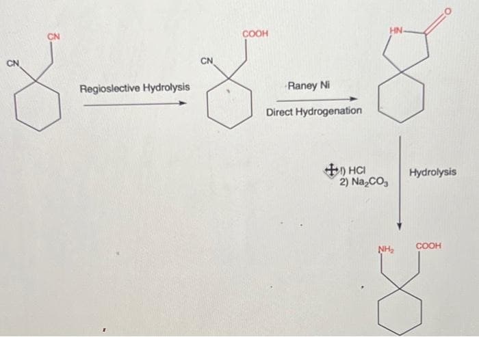 CN
CN
Regioslective Hydrolysis
CN
COOH
Raney Ni
Direct Hydrogenation
HN.
+) HCI
2) Na₂CO³
NH₂
Hydrolysis
COOH