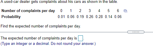 A used-car dealer gets complaints about his cars as shown in the table.
Number of complaints per day 0 1 2 3 4 5 6 D
Probability
0.01 0.06 0.19 0.26 0.28 0.14 0.06
Find the expected number of complaints per day.
The expected number of complaints per day is
(Type an integer or a decimal. Do not round your answer.)
