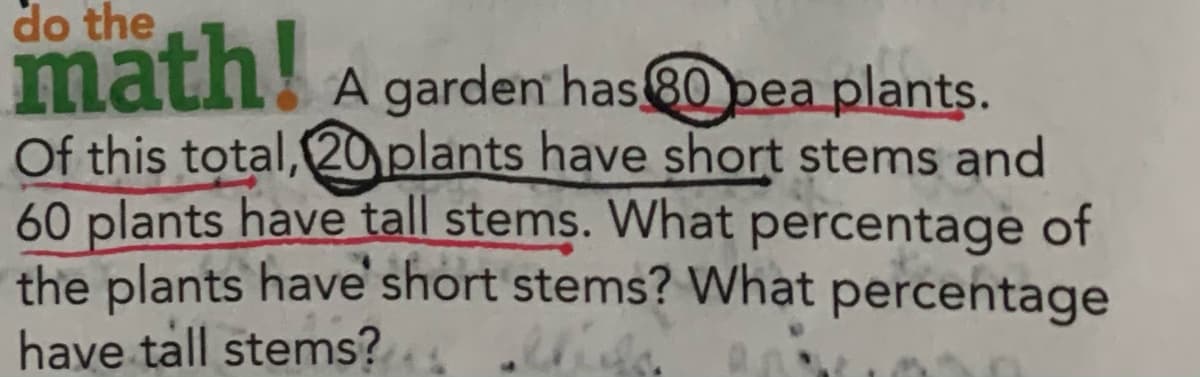 do the
math!
Of this total, 20plants have short stems and
60 plants have tall stems. What percentage of
the plants have short stems? What percentage
have tall stems?
A garden has 80 pea plants.

