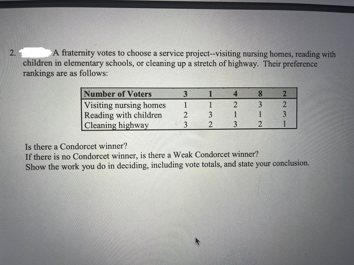 2.
A fraternity votes to choose a service project--visiting nursing homes, reading with
children in elementary schools, or cleaning up a stretch of highway. Their preference
rankings are as follows:
Number of Voters
1
4
8.
Visiting nursing homes
Reading with children
Cleaning highway
1
1
3
3
1
3
Is there a Condorcet winner?
If there is no Condorcet winner, is there a Weak Condorcet winner?
Show the work you do in deciding, including vote totals, and state your conclusion.
