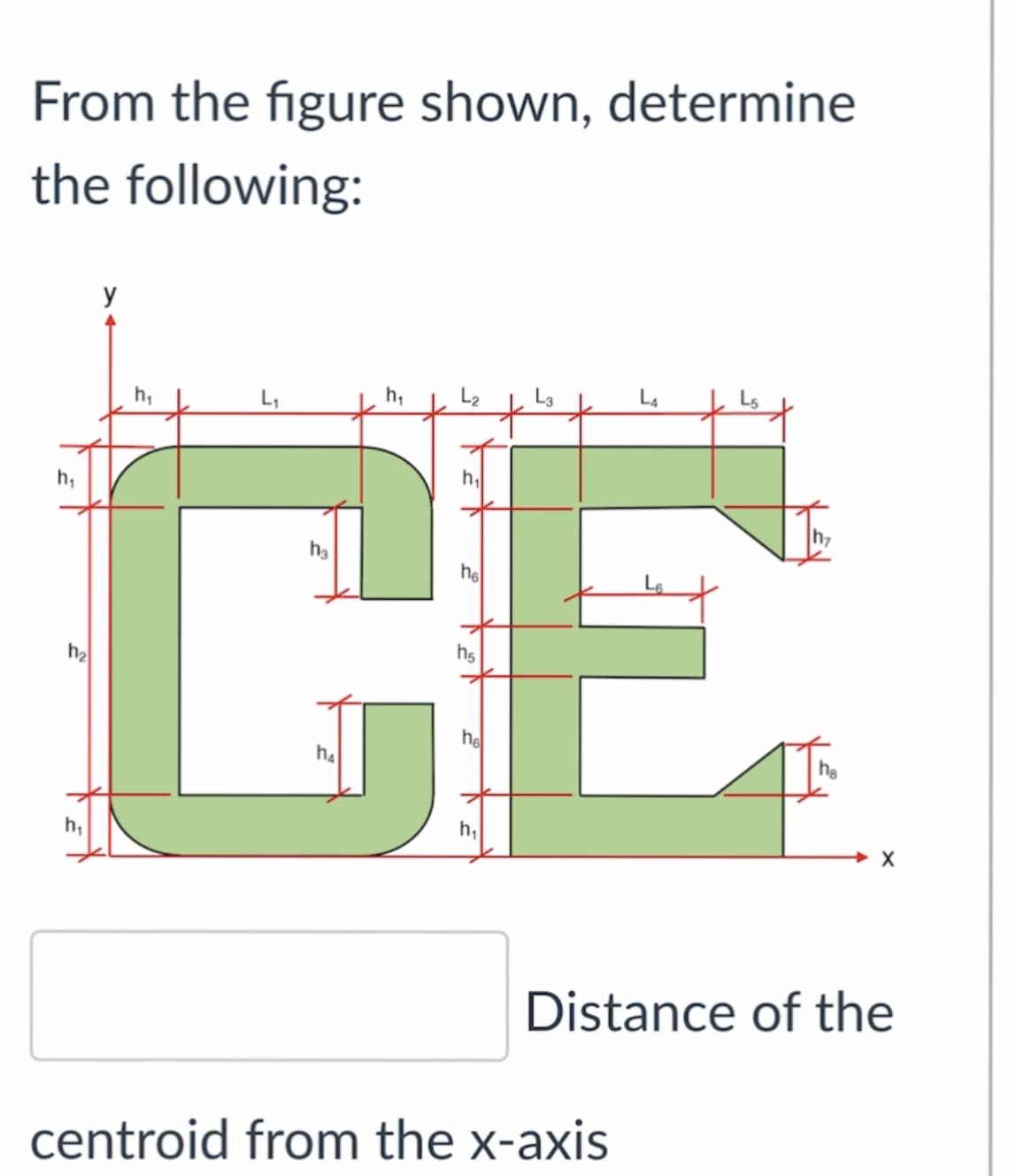 From the figure shown, determine
the following:
y
L4
L,
CE
h,
h7
he
h2
hs
he
h4
he
Distance of the
centroid from the x-axis
