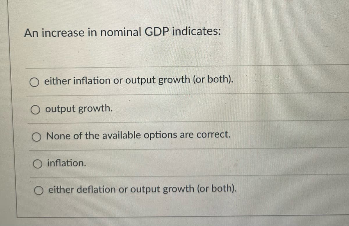 An increase in nominal GDP indicates:
O either inflation or output growth (or both).
O output growth.
O None of the available options are correct.
O inflation.
either deflation or output growth (or both).
