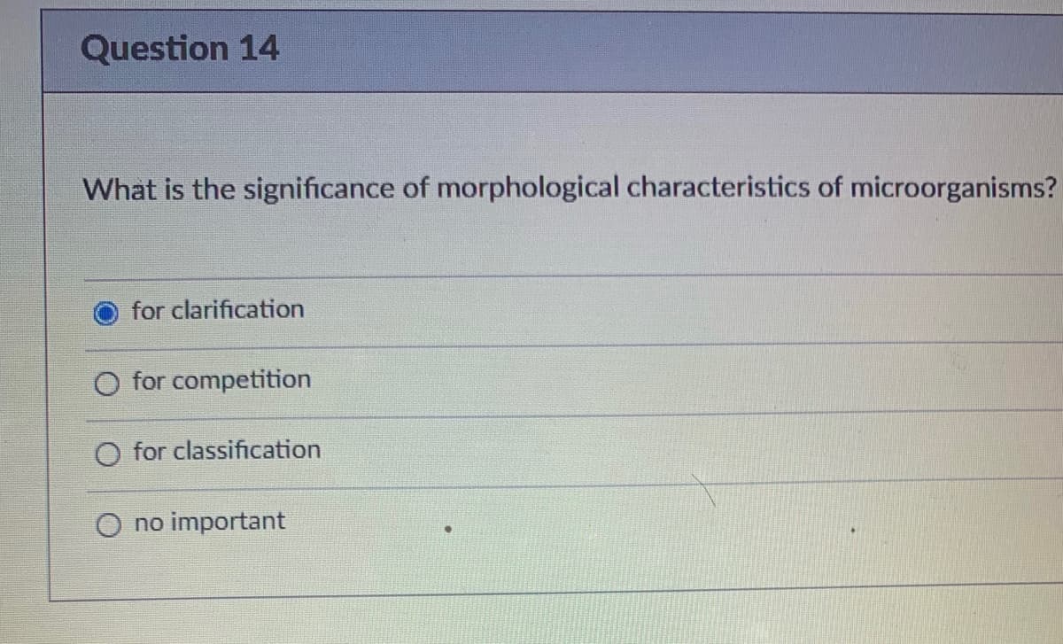 Question 14
What is the significance of morphological characteristics of microorganisms?
for clarification
for competition
O for classification
no important
