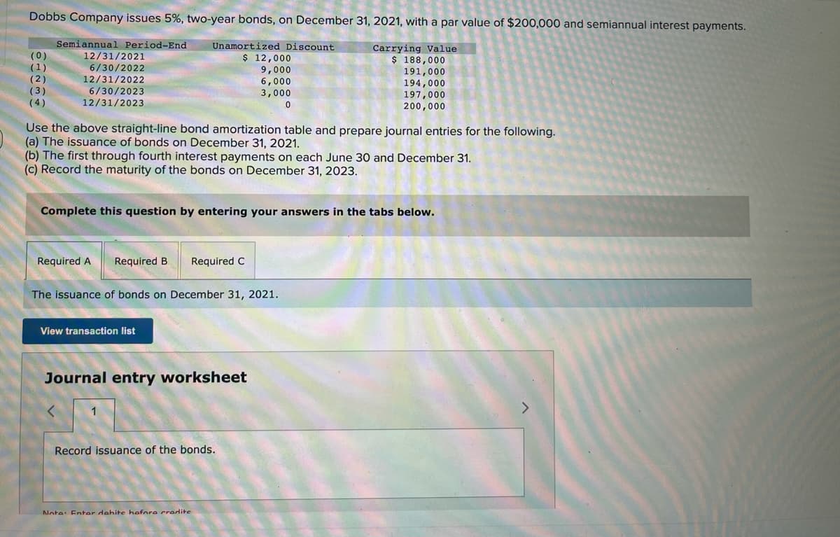 Dobbs Company issues 5%, two-year bonds, on December 31, 2021, with a par value of $200,000 and semiannual interest payments.
Semiannual Period-End
Unamortized Discount
(0)
$ 12,000
12/31/2021
6/30/2022
(1)
Carrying Value
$ 188,000
191,000
194,000
9,000
(2)
12/31/2022
6,000
(3)
6/30/2023
12/31/2023
197,000
3,000
0
(4)
200,000
Use the above straight-line bond amortization table and prepare journal entries for the following.
(a) The issuance of bonds on December 31, 2021.
(b) The first through fourth interest payments on each June 30 and December 31.
(c) Record the maturity of the bonds on December 31, 2023.
Complete this question by entering your answers in the tabs below.
Required A Required B Required C
The issuance of bonds on December 31, 2021.
View transaction list
Journal entry worksheet
Record issuance of the bonds.
Note: Enter dahite hafora credite