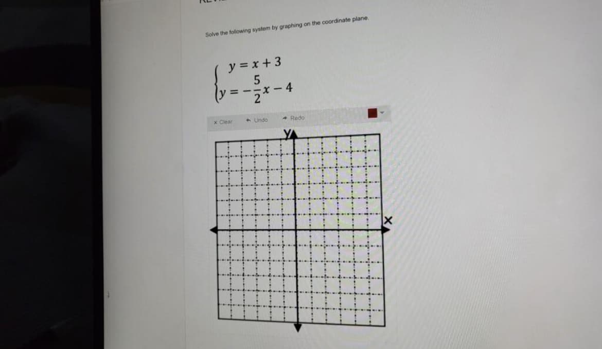 Solve the following systom by graphing on the coordinate plane.
y = x +3
5
-X-4
x Clear
6 Undo
* Redo
YA

