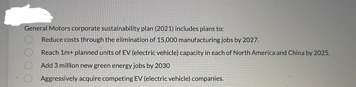 General Motors corporate sustainability plan (2021) includes plans to:
Reduce costs through the elimination of 15,000 manufacturing jobs by 2027.
Reach 1m+ planned units of EV (electric vehicle) capacity in each of North America and China by 2025.
Add 3 million new green energy jobs by 2030
Aggressively acquire competing EV (electric vehicle) companies.
000 0