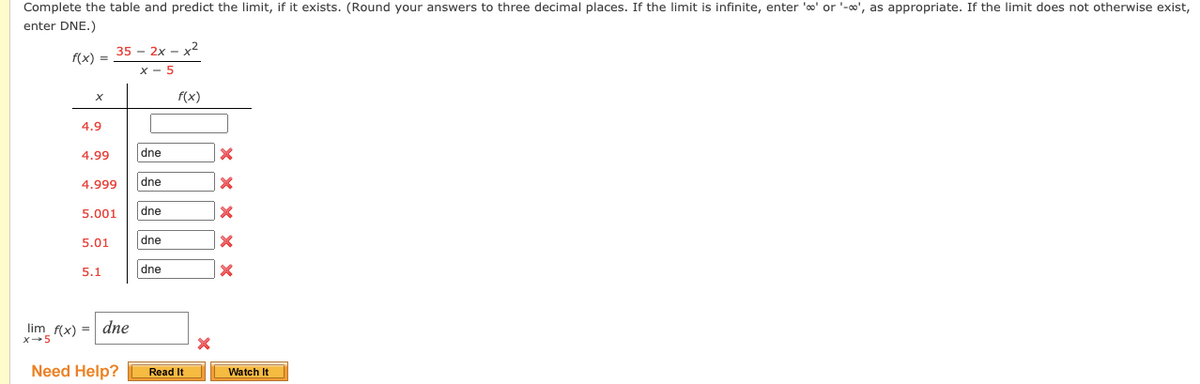 Complete the table and predict the limit, if it exists. (Round your answers to three decimal places. If the limit is infinite, enter 'o' or '-o', as appropriate. If the limit does not otherwise exist,
enter DNE.)
35 - 2x - x2
f(x) =
x - 5
f(x)
4.9
4.99
dne
4.999
dne
5.001
dne
5.01
dne
5.1
dne
lim f(x) = dne
Need Help?
Watch It
Read It
