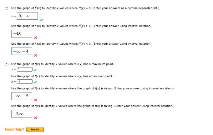 (c) Use the graph of f'(x) to identify x-values where f'(x) = 0. (Enter your answers as a comma-separated list.)
x = 0, - 4
Use the graph of f"(x) to identify x-values where f'(x) > 0. (Enter your answer using interval notation.)
-4,0
Use the graph of f(x) to identify x-values where f'(x) < 0. (Enter your answer using interval notation.)
-00, - 4
(d) Use the graph of f(x) to identify x-values where f(x) has a maximum point.
X =0
Use the graph of f(x) to identify x-values where fx) has a minimum point.
X = -4
Use the graph of f(x) to identify x-values where the graph of f(x) is rising. (Enter your answer using interval notation.)
-00, -2
Use the graph of f(x) to identify x-values where the graph of f(x) is falling. (Enter your answer using interval notation.)
-2,00
Need Help?
Read It
